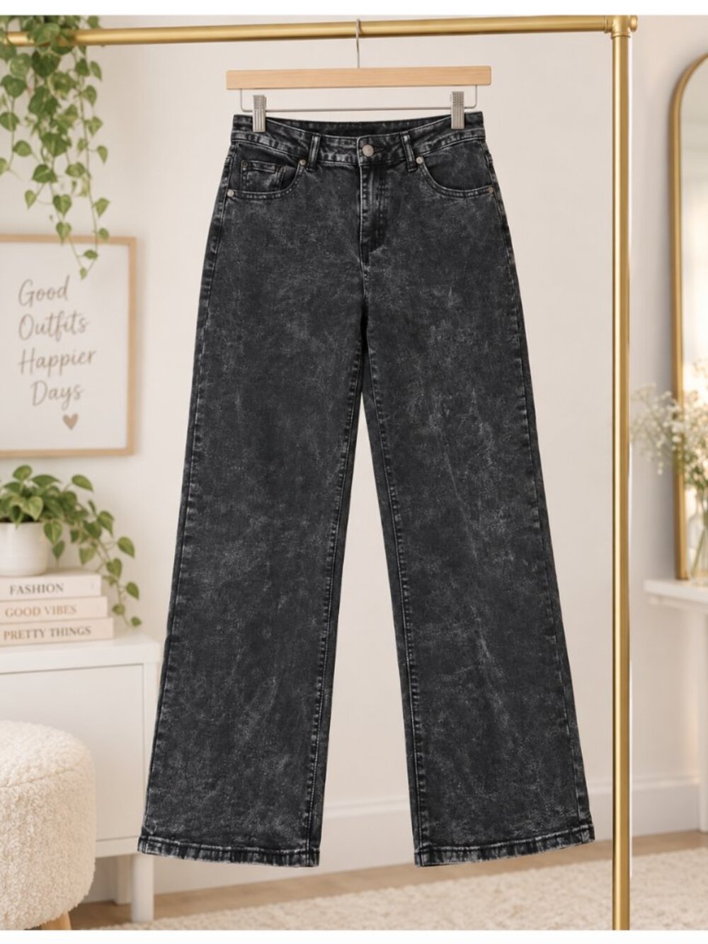 Your Cute Jeans Black Acid Wash Wide Leg Jeans Pink Bow Pockets - Size 9